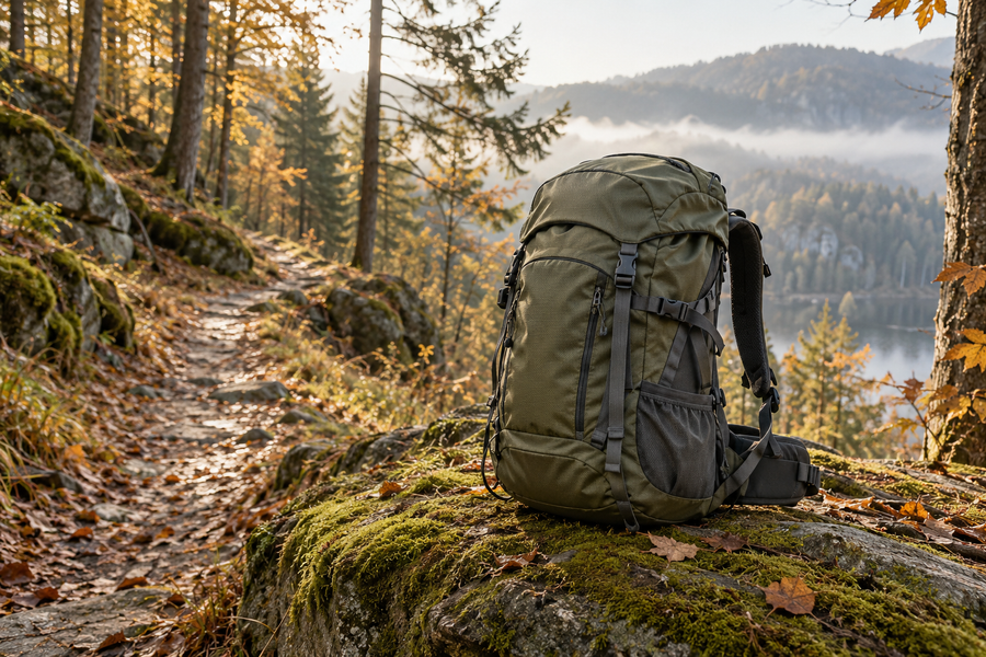 Olivgrüner Outdoor-Rucksack auf einem moosigen Stein am Waldweg – KI-Symbolbild