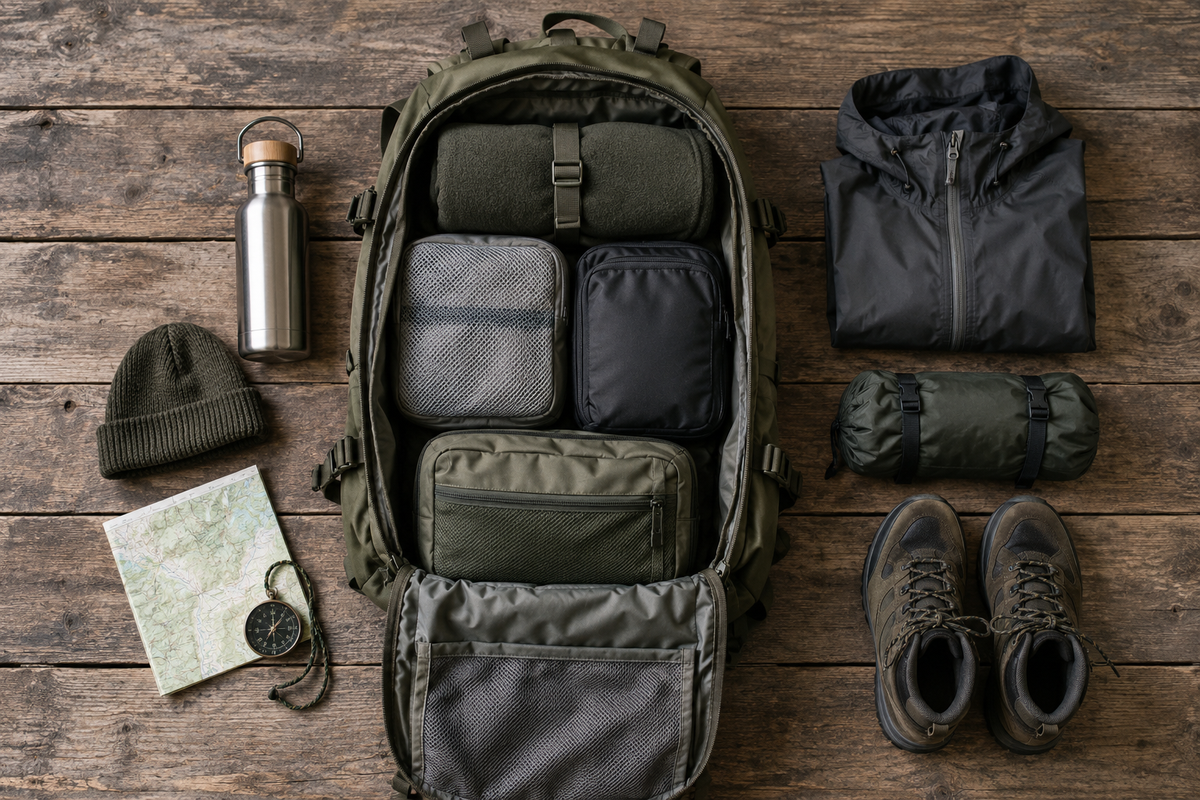 Geöffneter Rucksack mit geordneten Packbeuteln, Kleidung und Trinkflasche – KI-Symbolbild
