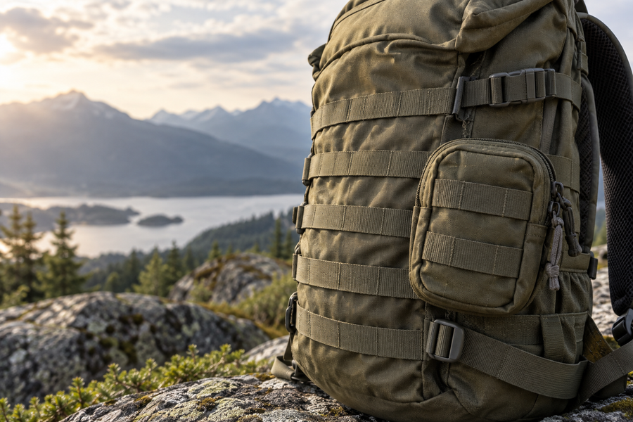 Detail einer MOLLE-Schlaufenfläche mit befestigter olivgrüner Mehrzwecktasche – KI-Symbolbild