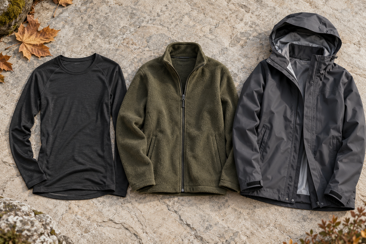 Basisschicht, olivgrüne Fleecejacke und dunkle Regenjacke nebeneinander – KI-Symbolbild