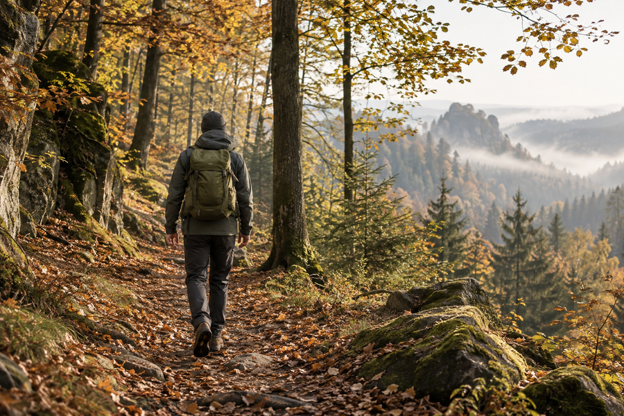 Wanderer mit olivgrünem Rucksack auf einem herbstlichen Waldweg – KI-Symbolbild