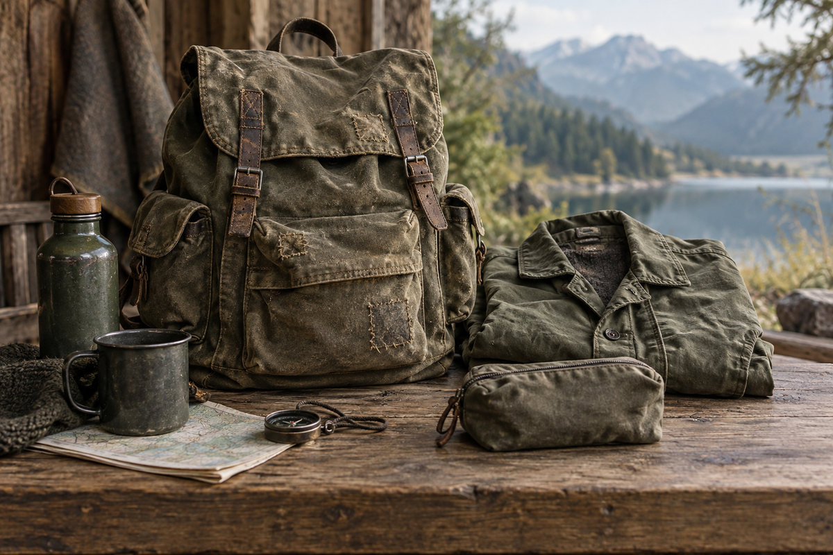Gepflegter gebrauchter Rucksack, gefaltete Feldjacke und Stofftasche – KI-Symbolbild