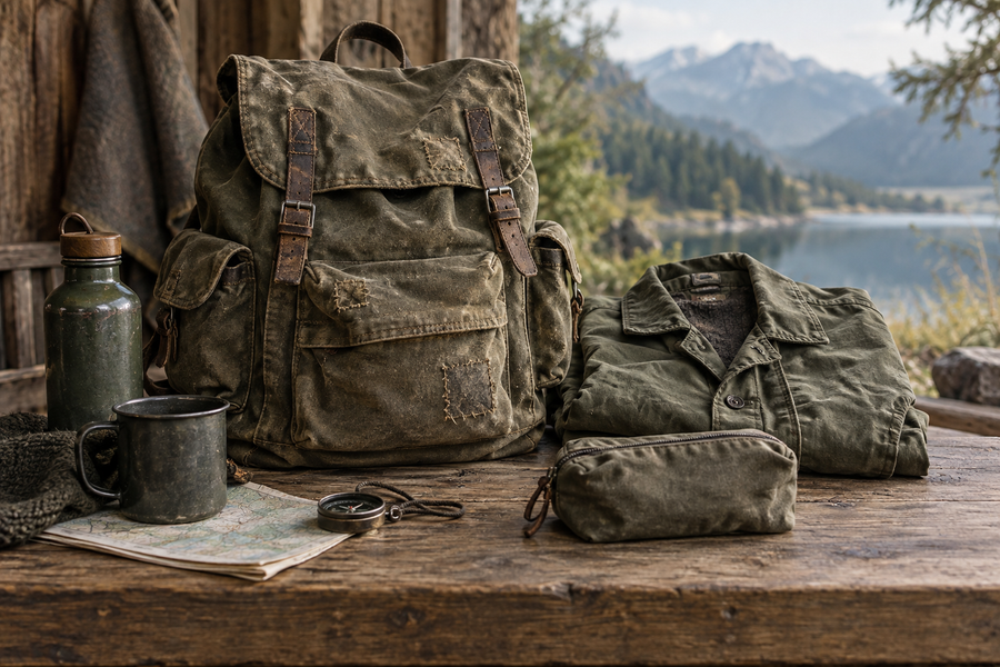 Gepflegter gebrauchter Rucksack, gefaltete Feldjacke und Stofftasche – KI-Symbolbild