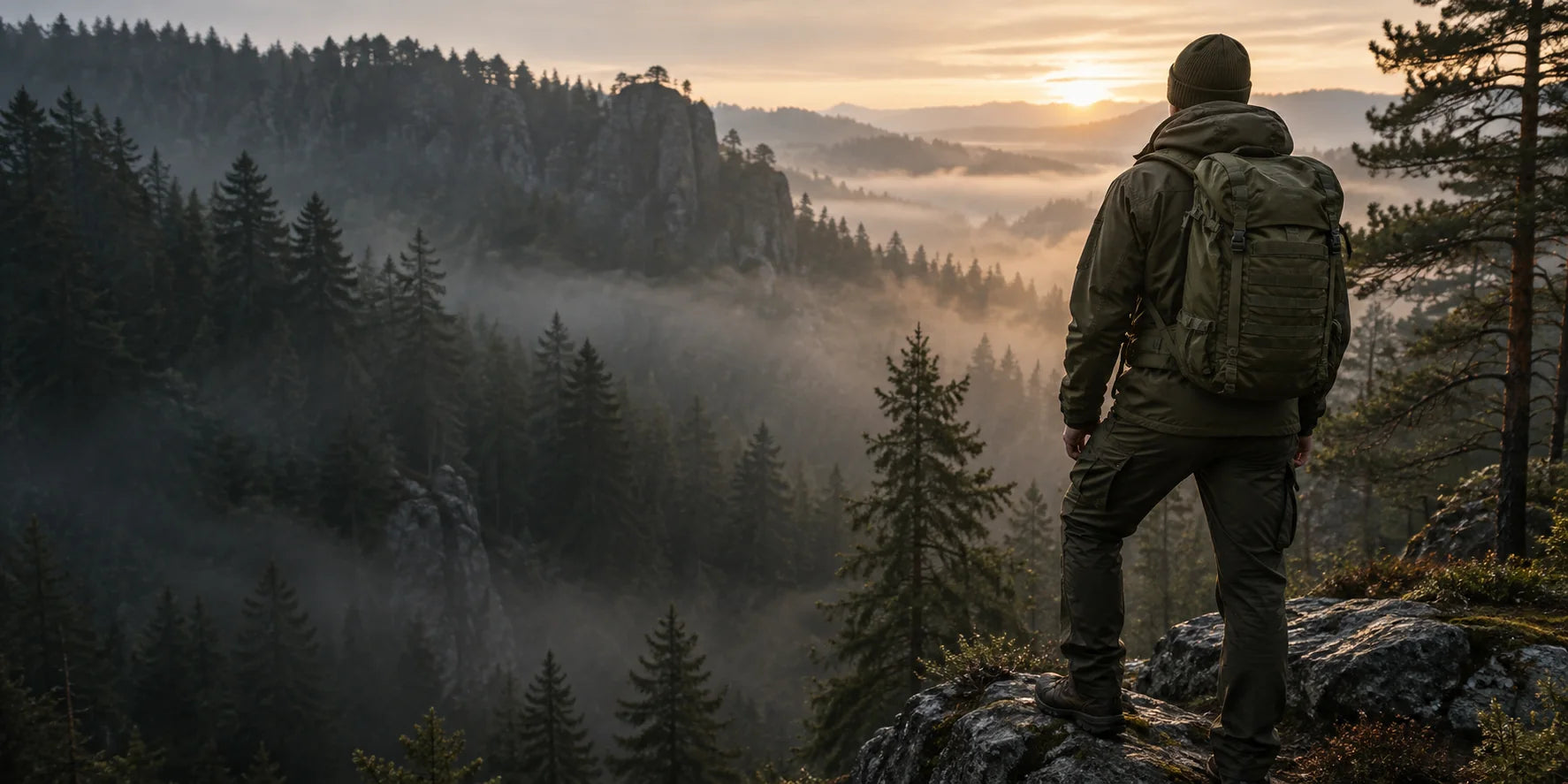 Wanderer mit Rucksack über einem bewaldeten Tal im Morgenlicht